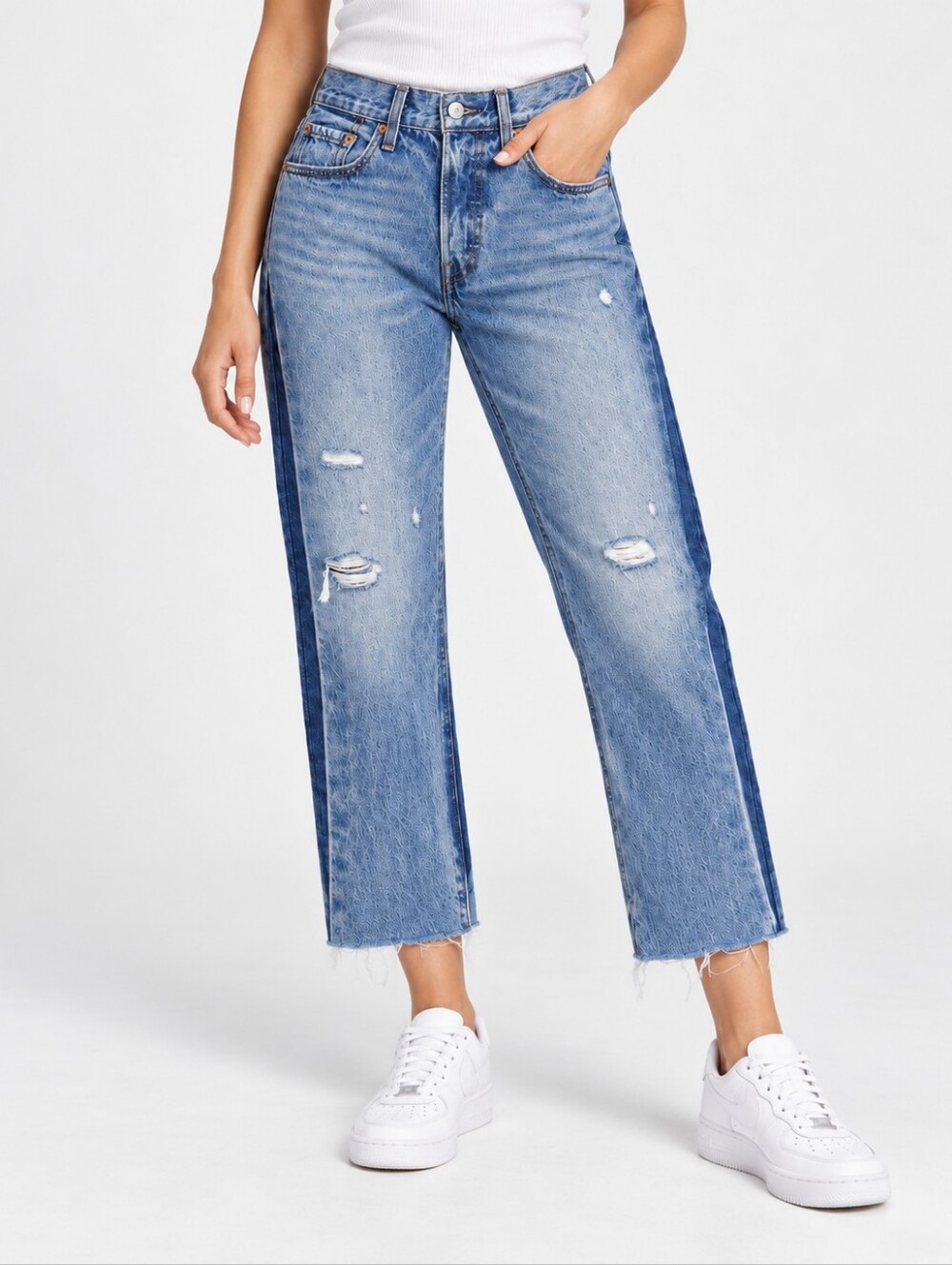 Levi's 501 Spliced Crop Jeans 24 Relaxed Two Tone Colorblock Distressed Frayed